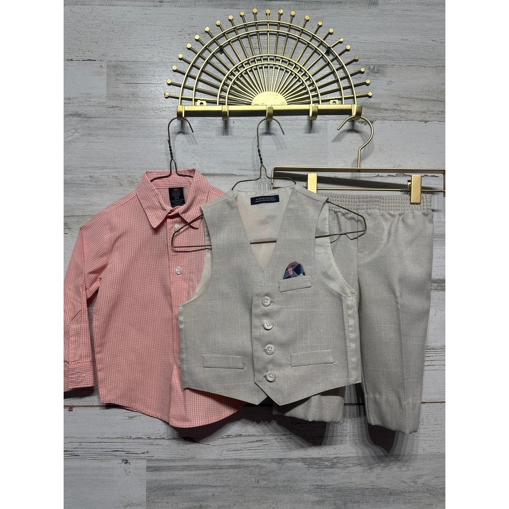 Dockers 3-Piece Suit Set Boys 24M Pink Beige Gingham Vest Pants GUC*Flawed